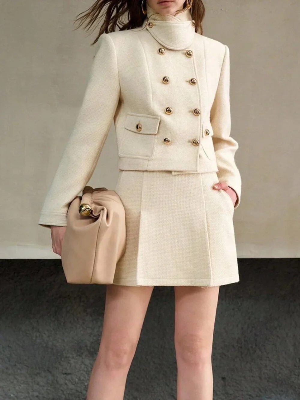 Apricot Elegant Women's Double-Breasted Metal Embellished Short Overcoat